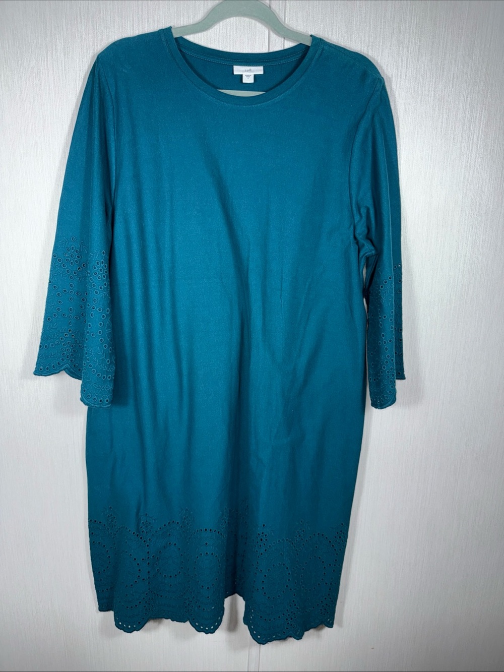 J. Jill L Pacific Teal Shift Dress with Eyelet Detail Teal Green Blue Cottage